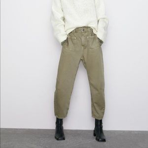 Zara baggy paperbag waist jeans in army green
